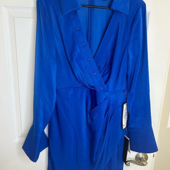 ADRIANNA PAPELL faux SATIN WRAP DRESS WITH LONG SLEEVES dark blue size 8 NWT - Picture 10 of 16